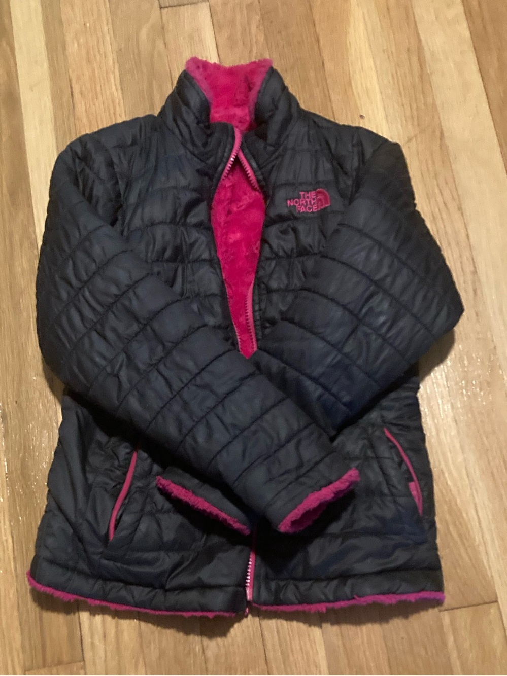 The North Face Girls' Black Puffer Jacket with Pink Trim